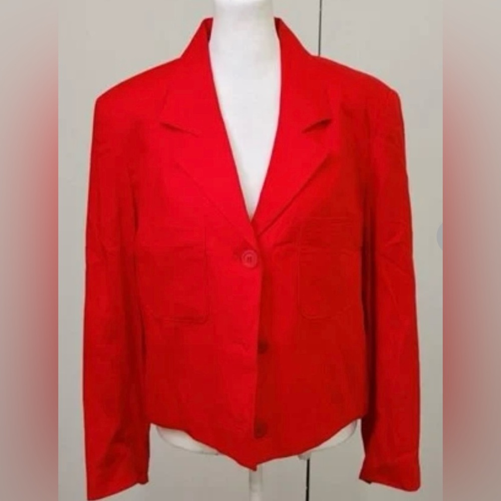 Orvis Blazer Jacket Womens 10 Red Rayon Linen Crop Bolero Office Work VTG Button